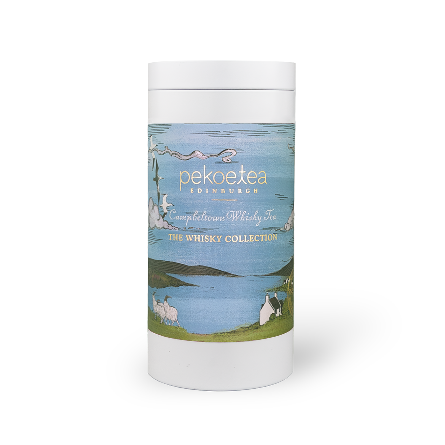 PekoeTea Edinburgh Campbeltown Blend whisky-infused tea in a decorative caddy, featuring dark tea leaves and whisky flavor hints.