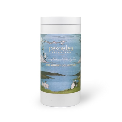 PekoeTea Edinburgh Campbeltown Blend whisky-infused tea in a decorative caddy, featuring dark tea leaves and whisky flavor hints.