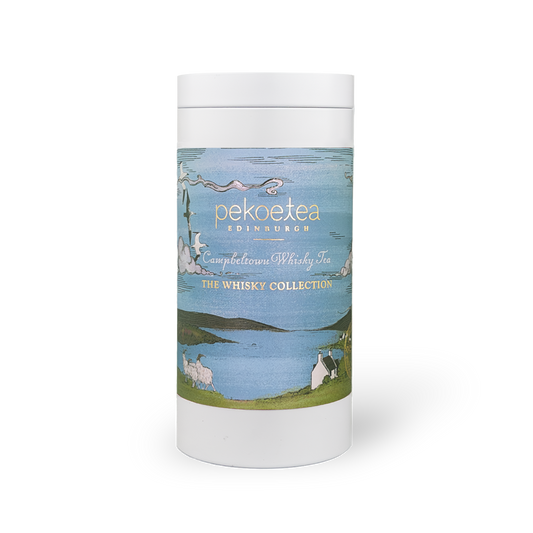 PekoeTea Edinburgh Campbeltown Blend whisky-infused tea in a decorative caddy, featuring dark tea leaves and whisky flavor hints.