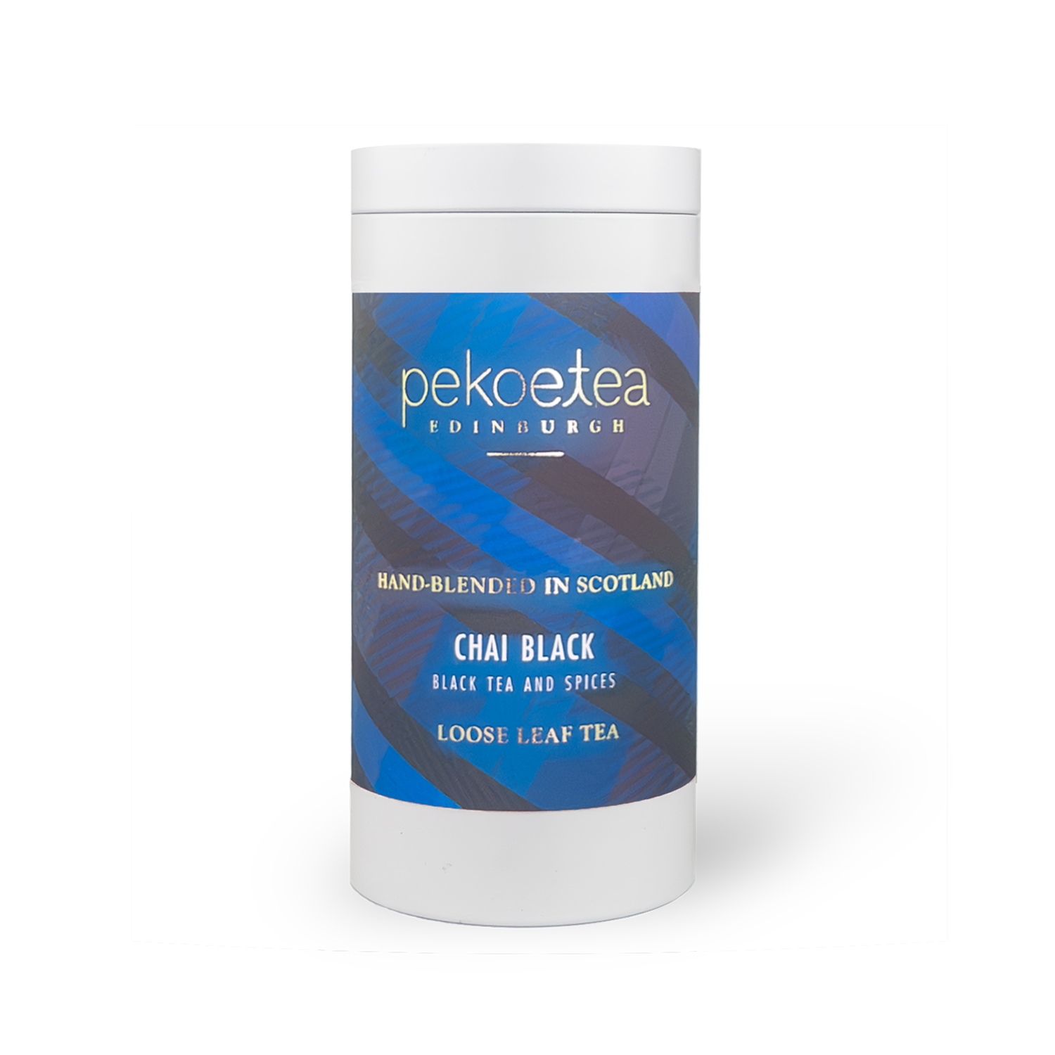 Loose leaf PekoeTea Edinburgh Chai Black Tea in a caddy, showcasing aromatic dark tea leaves for brewing flavorful chai.