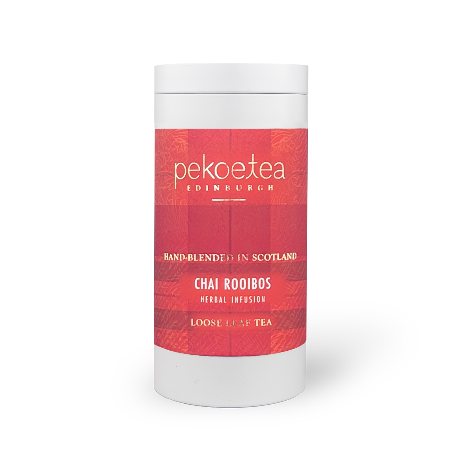 Box of PekoeTea Edinburgh Chai Rooibos tea in a decorative caddy with tea bags visible inside.