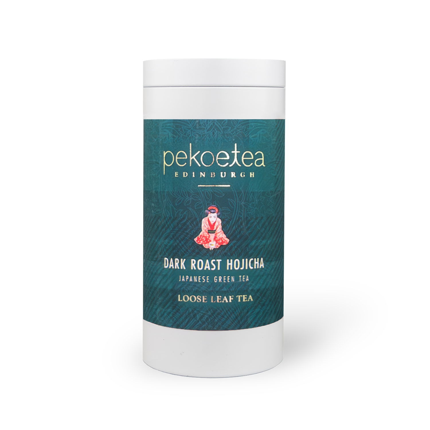Dark roast Hojicha tea caddy by PekoeTea Edinburgh with a brown and gold packaging design, showcasing the tea's rich, roasted appearance.