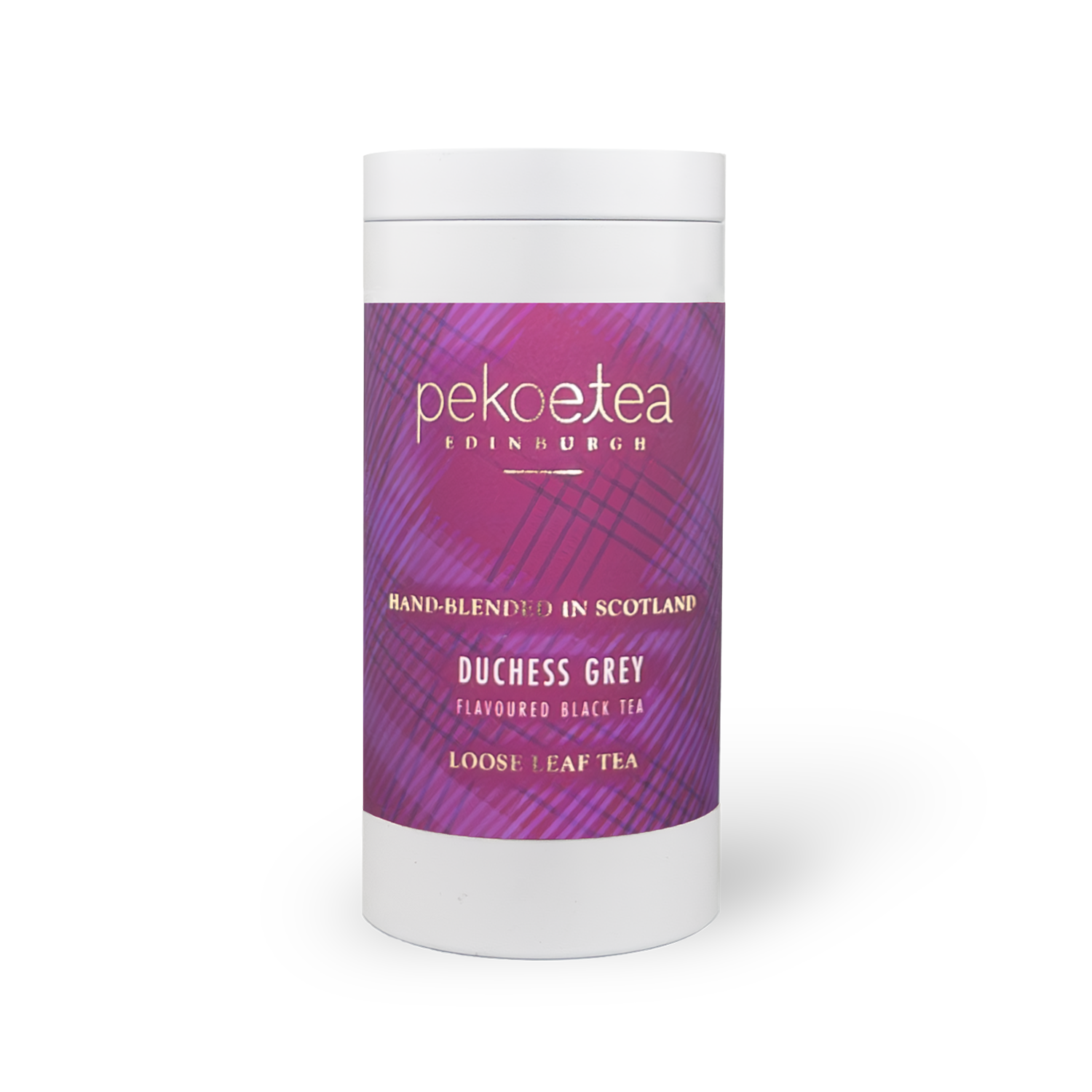 PekoeTea Edinburgh Duchess Grey tea in a decorative grey tin caddy with elegant design and label.