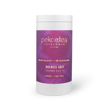 PekoeTea Edinburgh Duchess Grey tea in a decorative grey tin caddy with elegant design and label.
