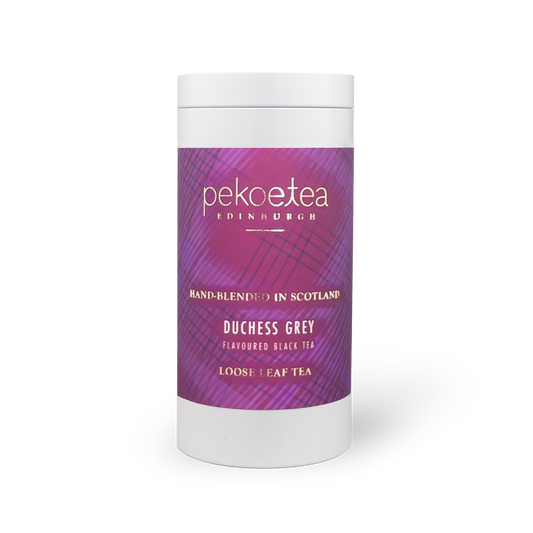 PekoeTea Edinburgh Duchess Grey tea in a decorative grey tin caddy with elegant design and label.