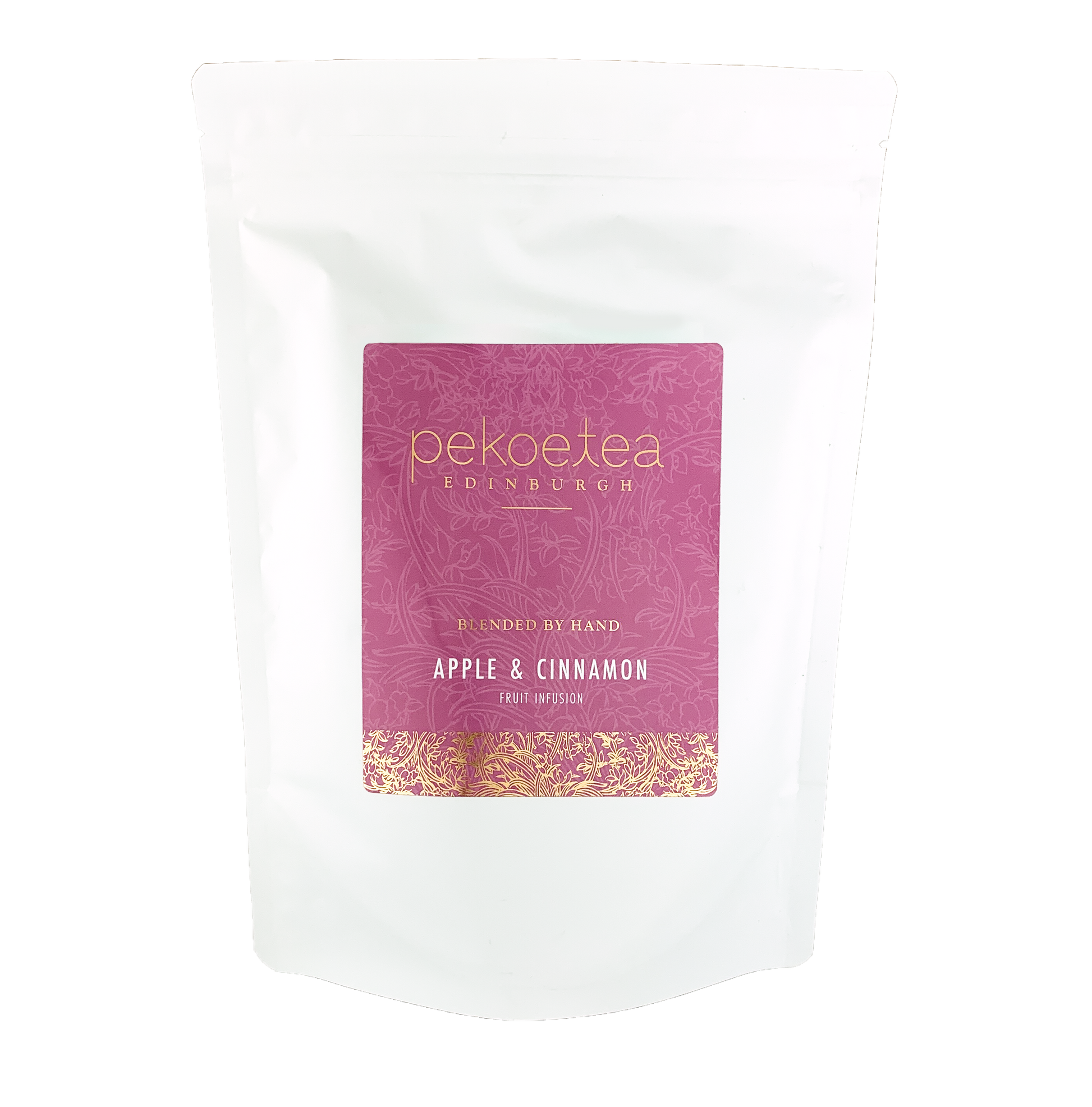 PekoeTea Edinburgh apple and cinnamon fruit infusion tea in a resealable pouch, featuring dried apple pieces and cinnamon sticks.