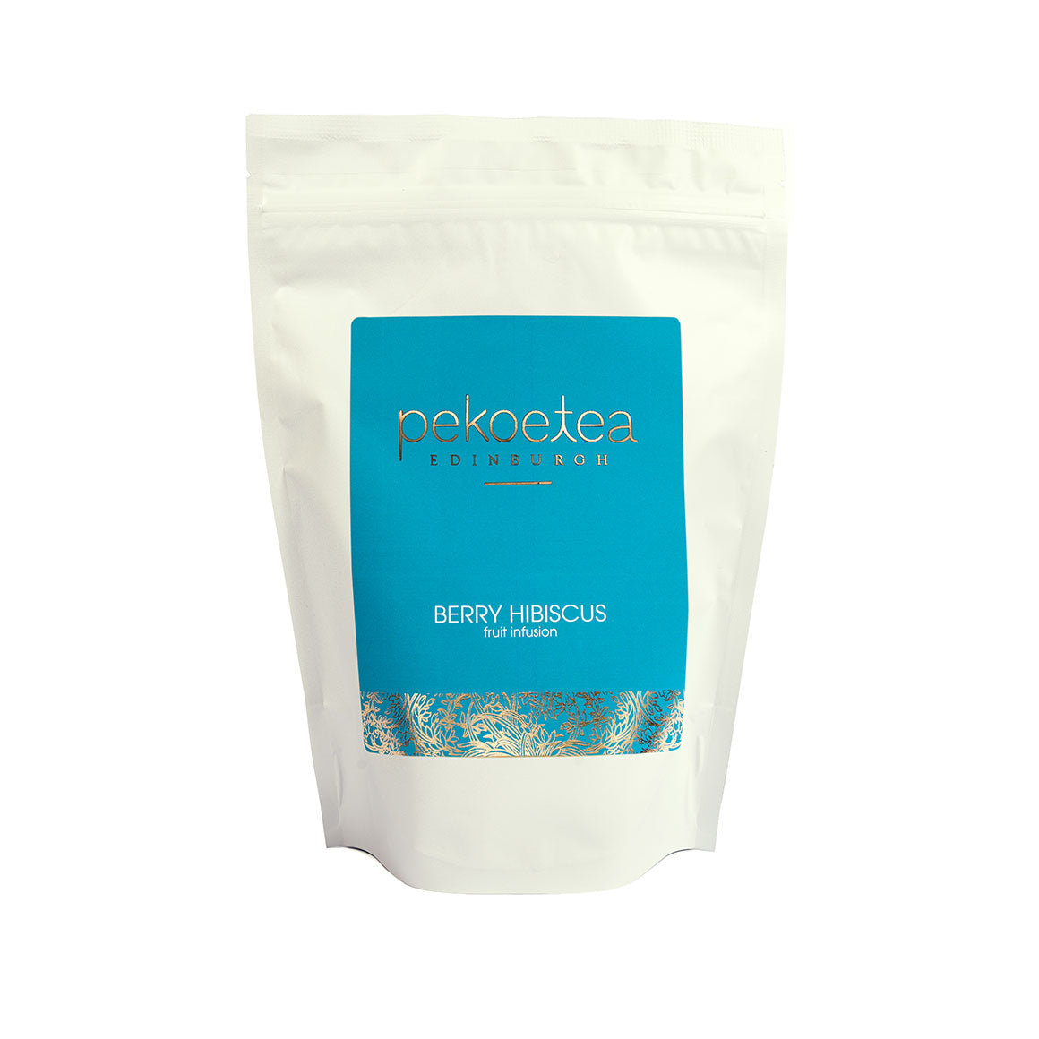 Berry Hibiscus Fruit Infusion tea in a resealable pouch, featuring vibrant berries and hibiscus flowers from PekoeTea Edinburgh.