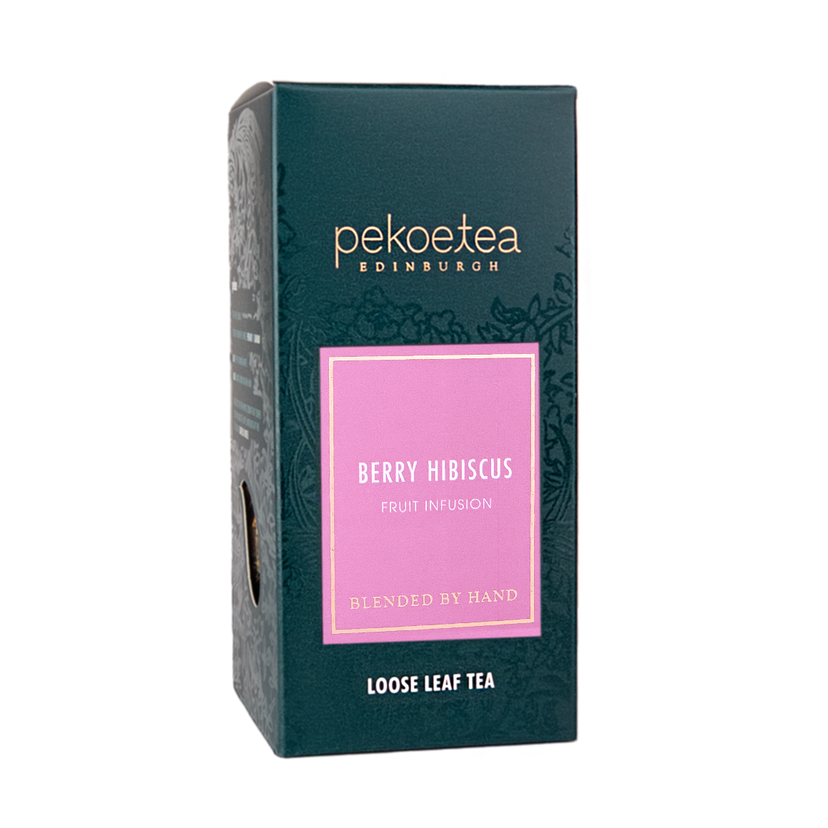 Loose box of PekoeTea Edinburgh Berry Hibiscus Fruit Infusion tea with vibrant dried berry and hibiscus fruit pieces.