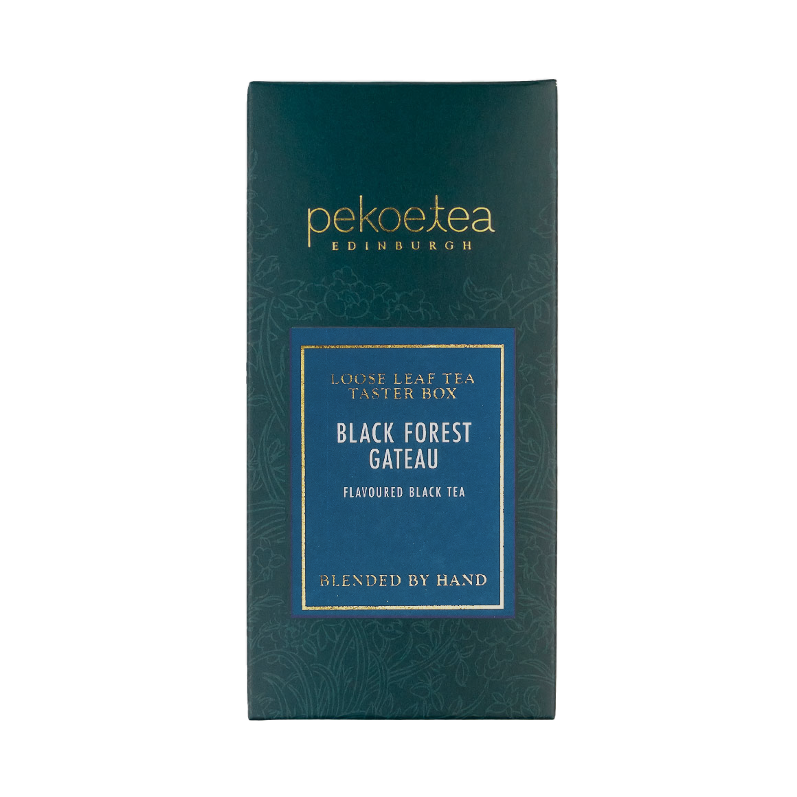 Loose leaf black forest gateau tea from PekoeTea Edinburgh with rich, dark chocolate and cherry flavors in a tea taster image.