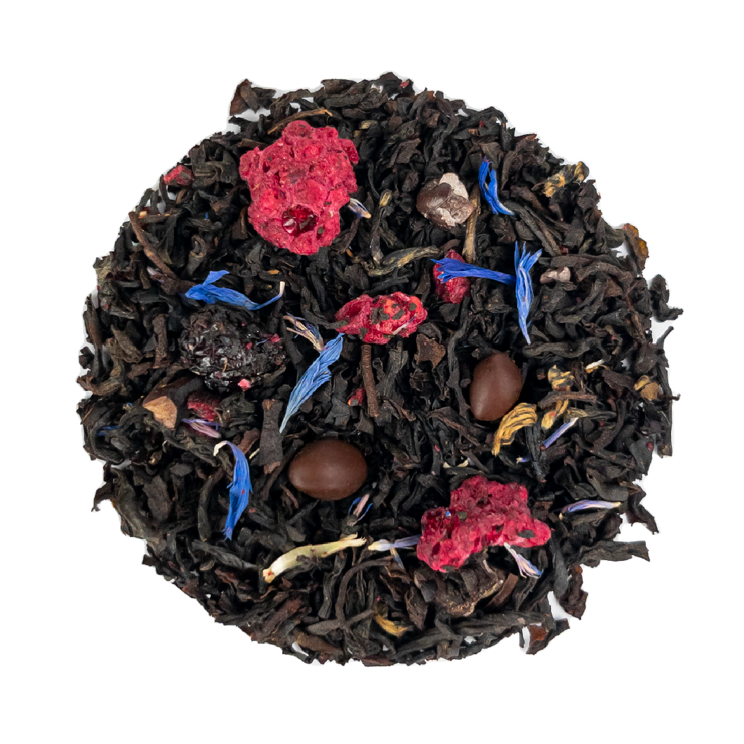 PekoeTea Edinburgh Black Forest Gateau tea leaves in a tea bag, showcasing rich black tea with hints of cherry and chocolate flavor.