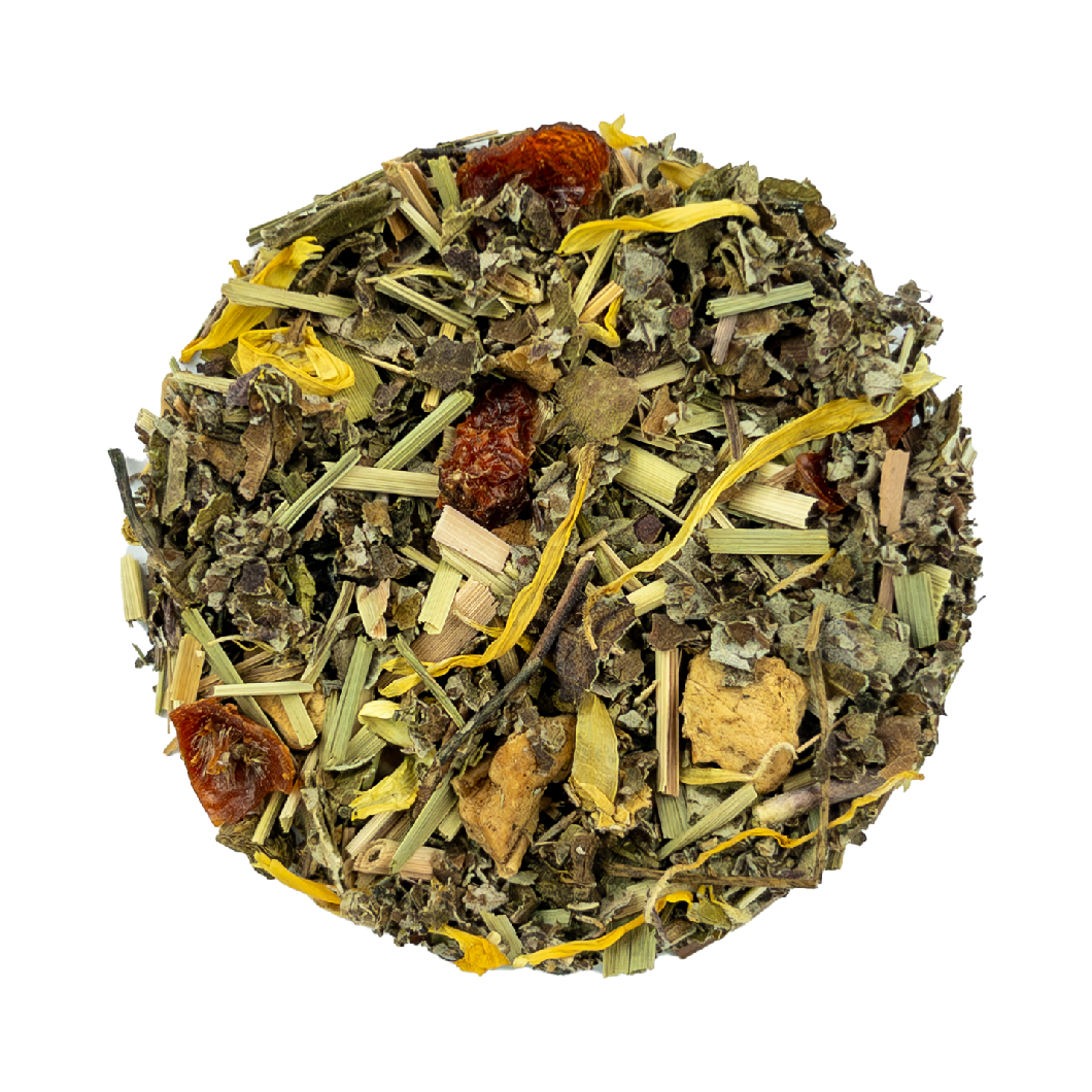 PekoeTea Edinburgh Blend No. 3 tea leaves, dried and rolled, in a clear container, showcasing a rich, dark tea leaf appearance.