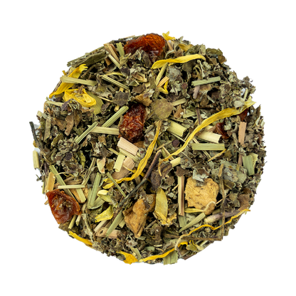 PekoeTea Edinburgh Blend No. 3 tea leaves, dried and rolled, in a clear container, showcasing a rich, dark tea leaf appearance.