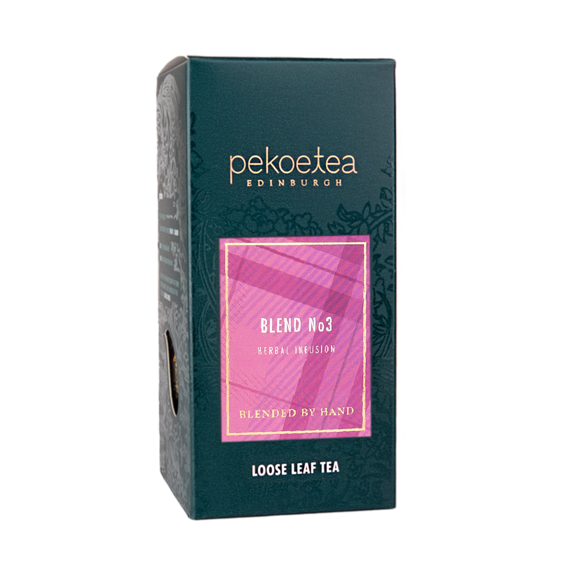 Loose PekoeTea Edinburgh Blend No. 3 tea in a box, showing the packaging with tea leaves inside