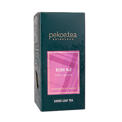Loose PekoeTea Edinburgh Blend No. 3 tea in a box, showing the packaging with tea leaves inside
