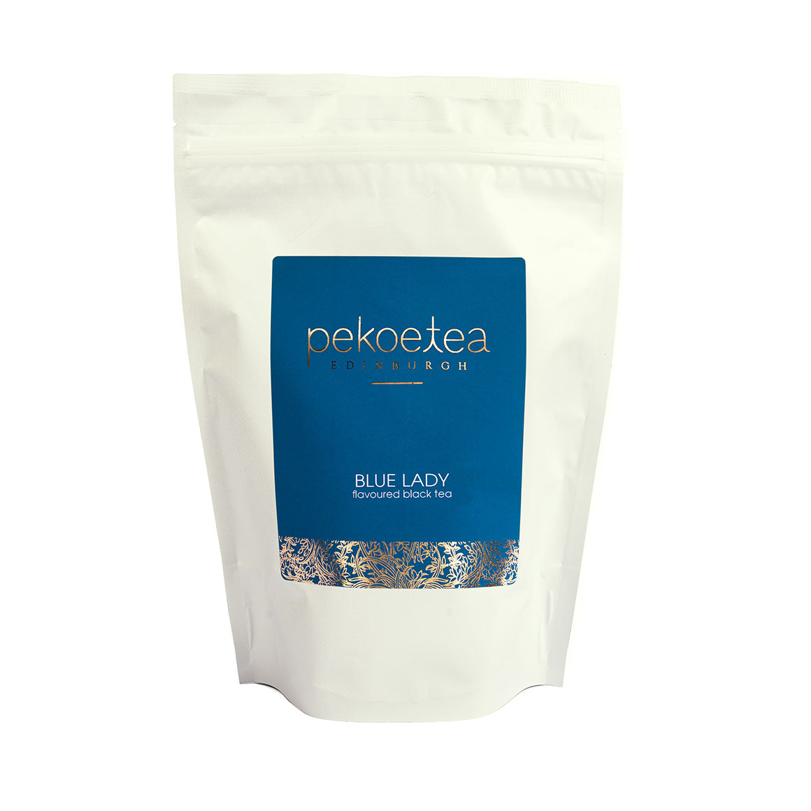Blue Lady flavoured black tea from PekoeTea Edinburgh in a resealable 250g pouch, showcasing the vibrant tea leaves.