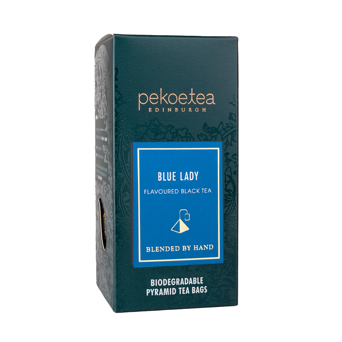 Blue Lady flavored black tea in PekoeTea Edinburgh teabag box, featuring vibrant blue packaging and tea bags inside.