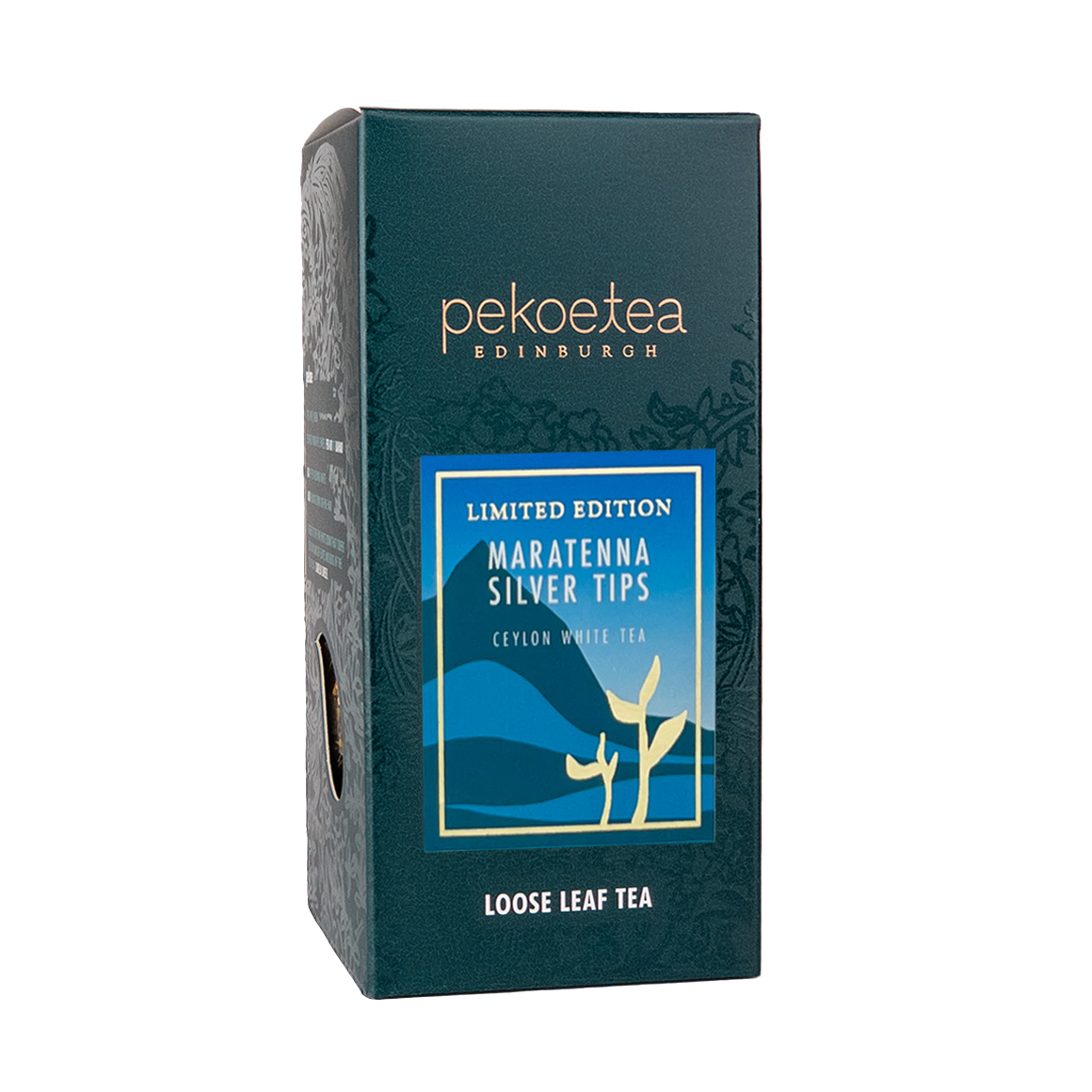 Loose leaf Ceylon Silver Tips tea from PekoeTea Edinburgh in a box, showcasing delicate silver-tipped tea leaves.
