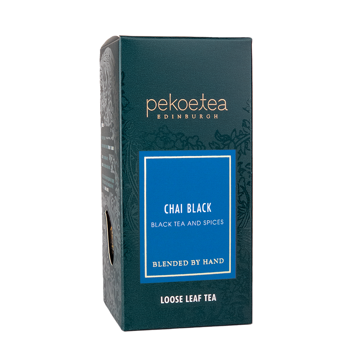 Loose leaf PekoeTea Edinburgh Chai Black Tea in a box, showcasing rich tea leaves for a flavorful chai experience.