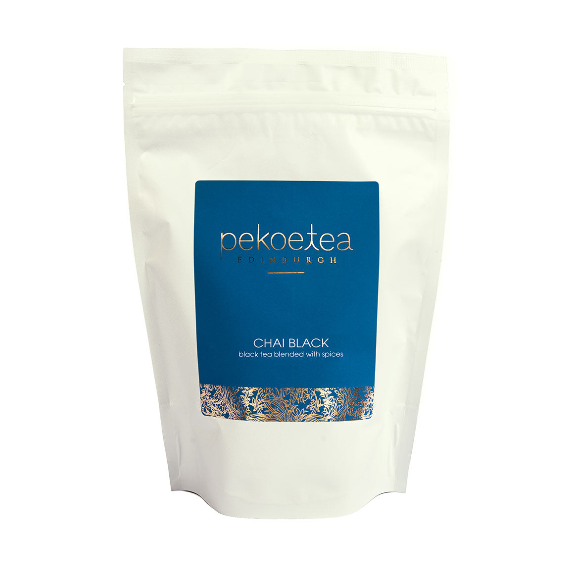PekoeTea Edinburgh Chai Black Tea in a resealable 250g pouch, featuring a blend of black tea with chai spices.