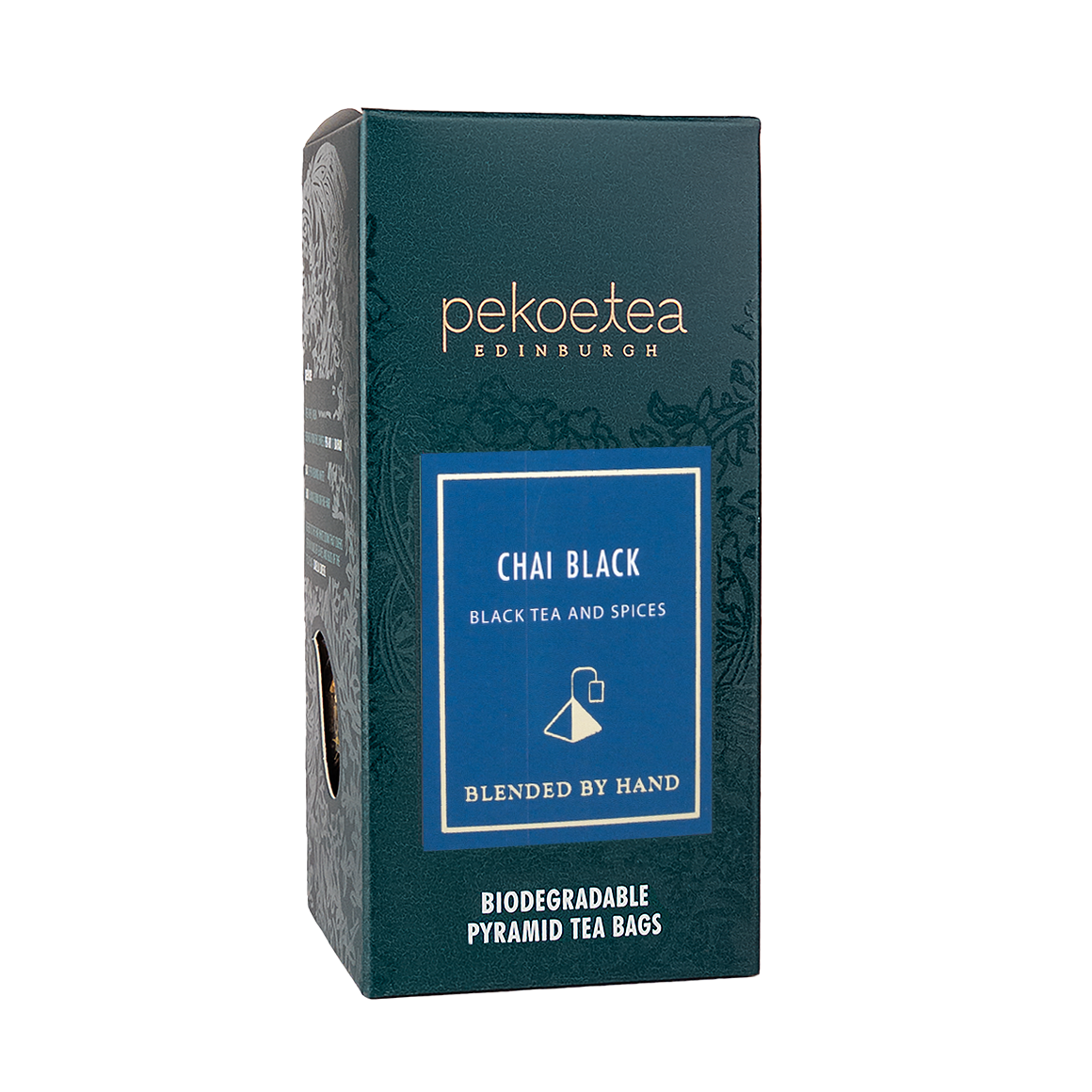 Box of PekoeTea Edinburgh Chai Black Tea bags featuring a colorful packaging design.