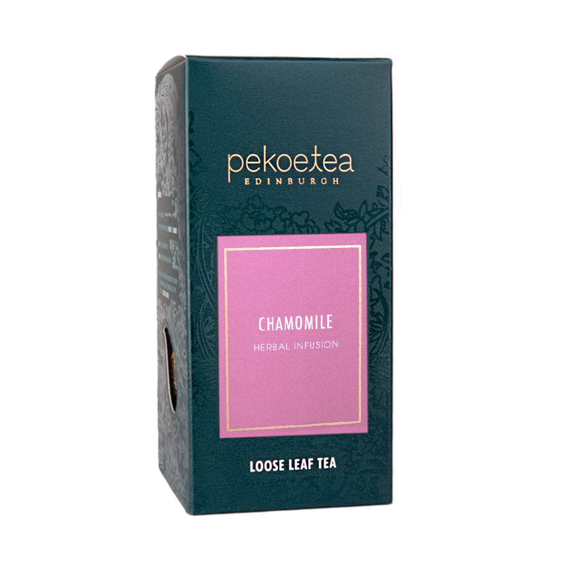 Box of PekoeTea Edinburgh chamomile herbal tea infusion with loose chamomile flowers in a natural, aromatic presentation.