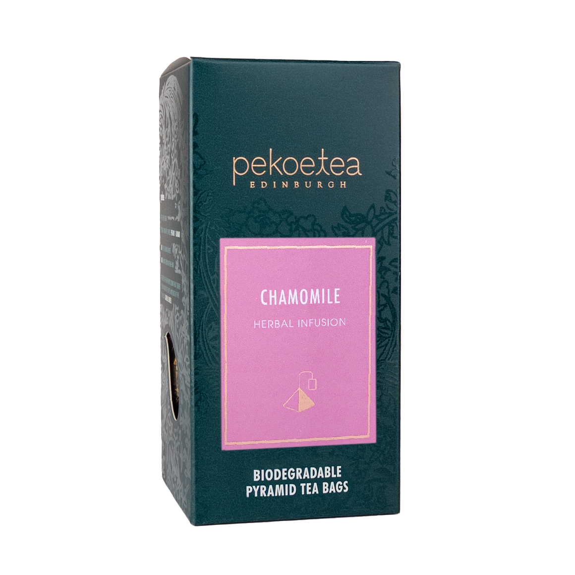 Box of PekoeTea Edinburgh chamomile herbal infusion tea bags with dried chamomile flowers visible inside.