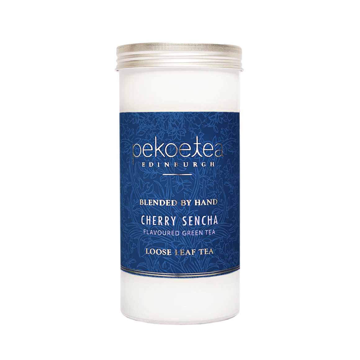 PekoeTea Edinburgh Cherry Sencha green tea in a decorative caddy, showcasing vibrant green tea leaves and cherry flavor accents.