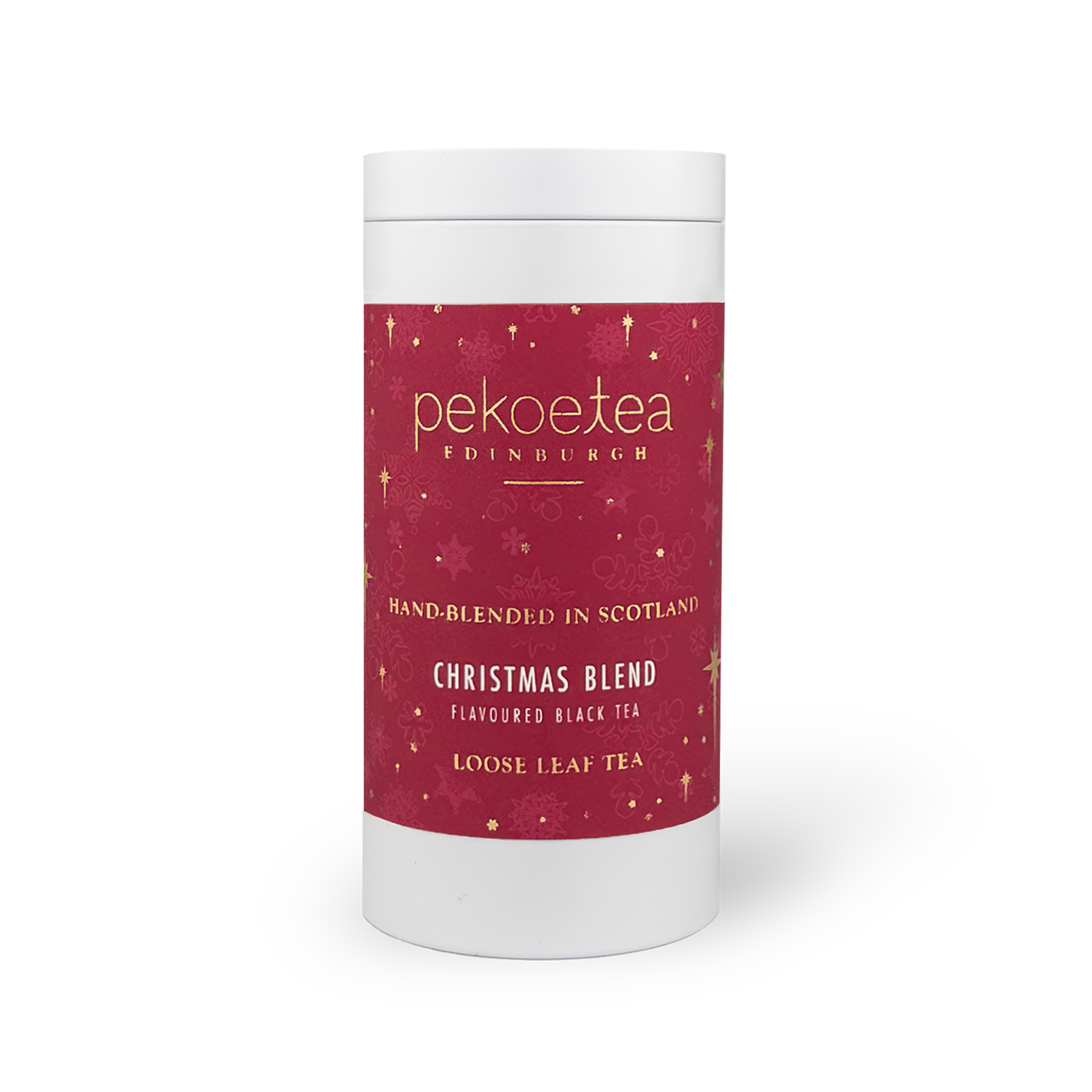 PekoeTea Edinburgh Christmas Blend tea caddy with festive holiday design and colorful Christmas-themed packaging.