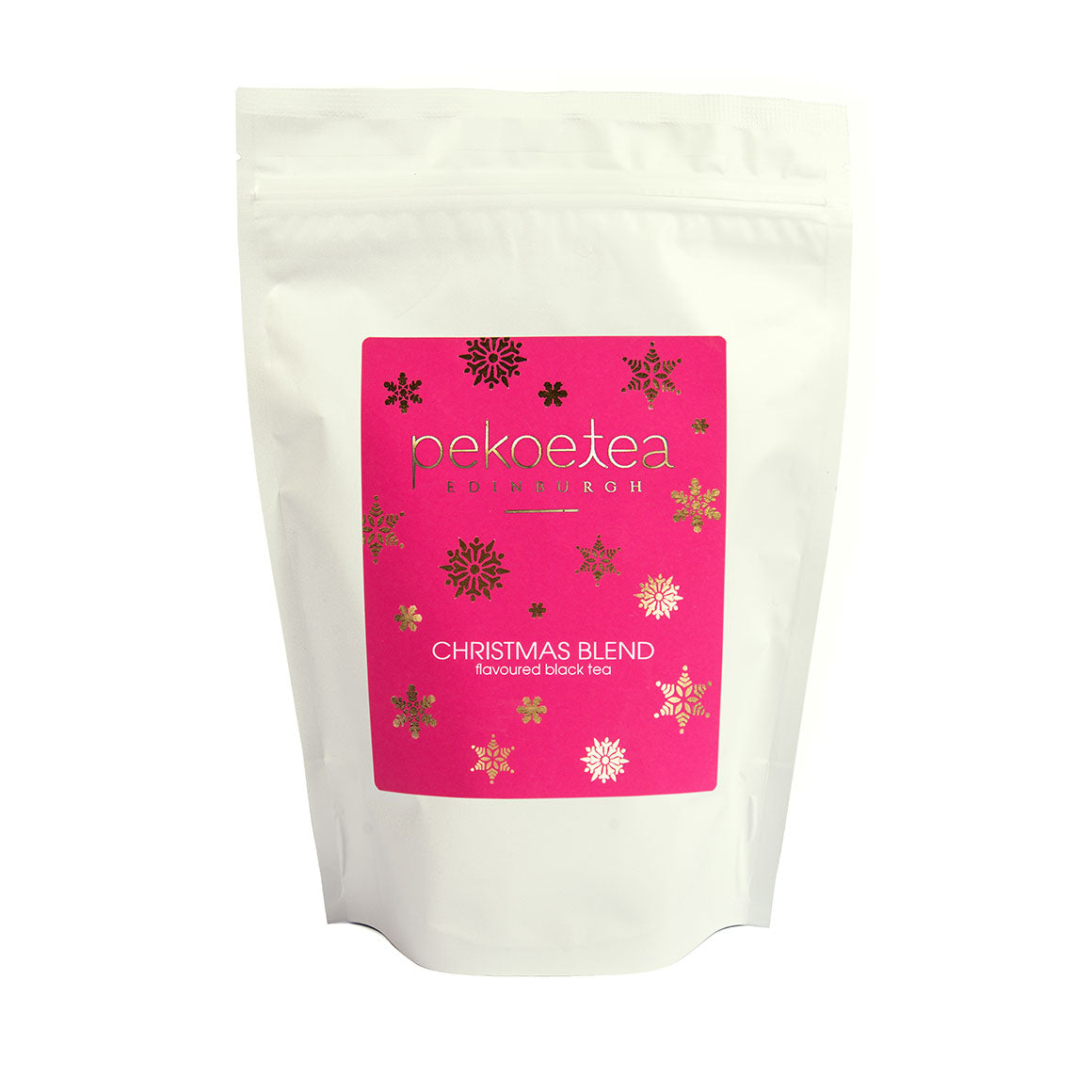 PekoeTea Edinburgh Christmas Blend flavored black tea in a re-sealable 250g pouch, featuring festive packaging design.