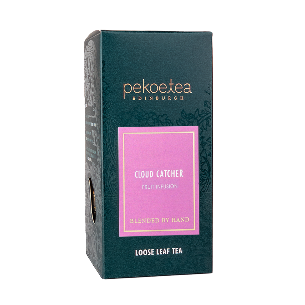 Loose leaf Cloud Catcher Fruit Infusion tea by PekoeTea Edinburgh in a resealable box with colorful packaging.