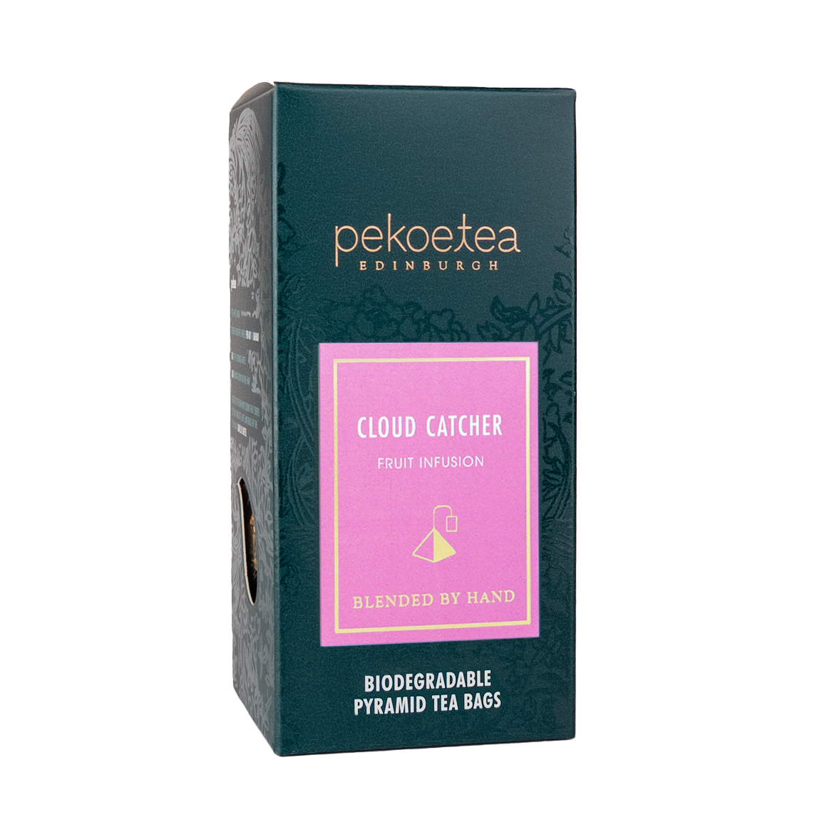 Box of PekoeTea Edinburgh Cloud Catcher fruit infusion tea bags with colorful packaging.