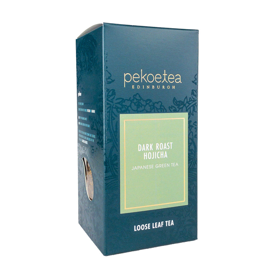 Dark roast Hojicha tea by PekoeTea Edinburgh, featuring a box of roasted Japanese green tea leaves.