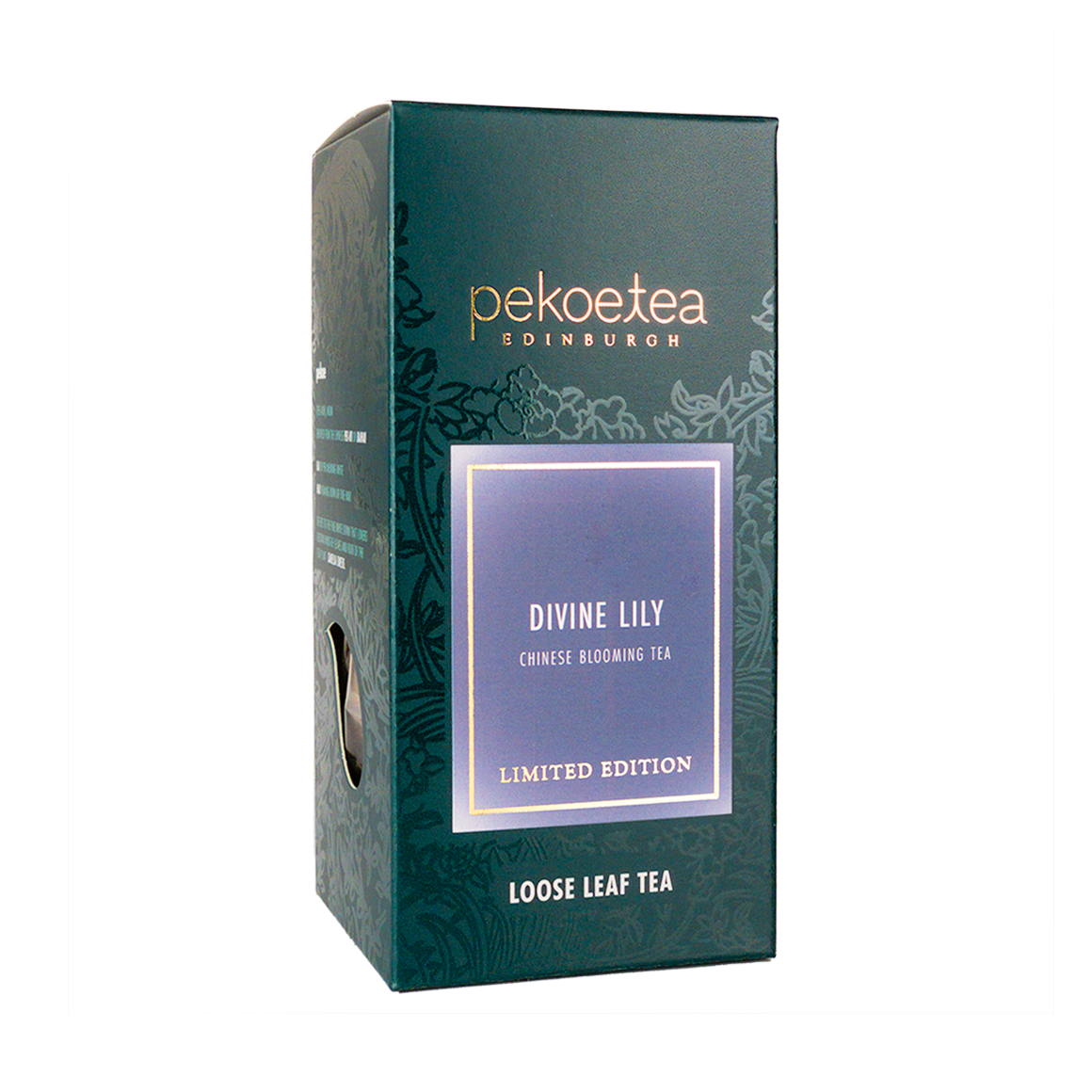 PekoeTea Edinburgh Divine Lily Blooming Tea box with elegant packaging and blooming tea flowers inside.