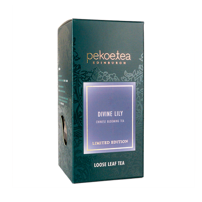 PekoeTea Edinburgh Divine Lily Blooming Tea box with elegant packaging and blooming tea flowers inside.