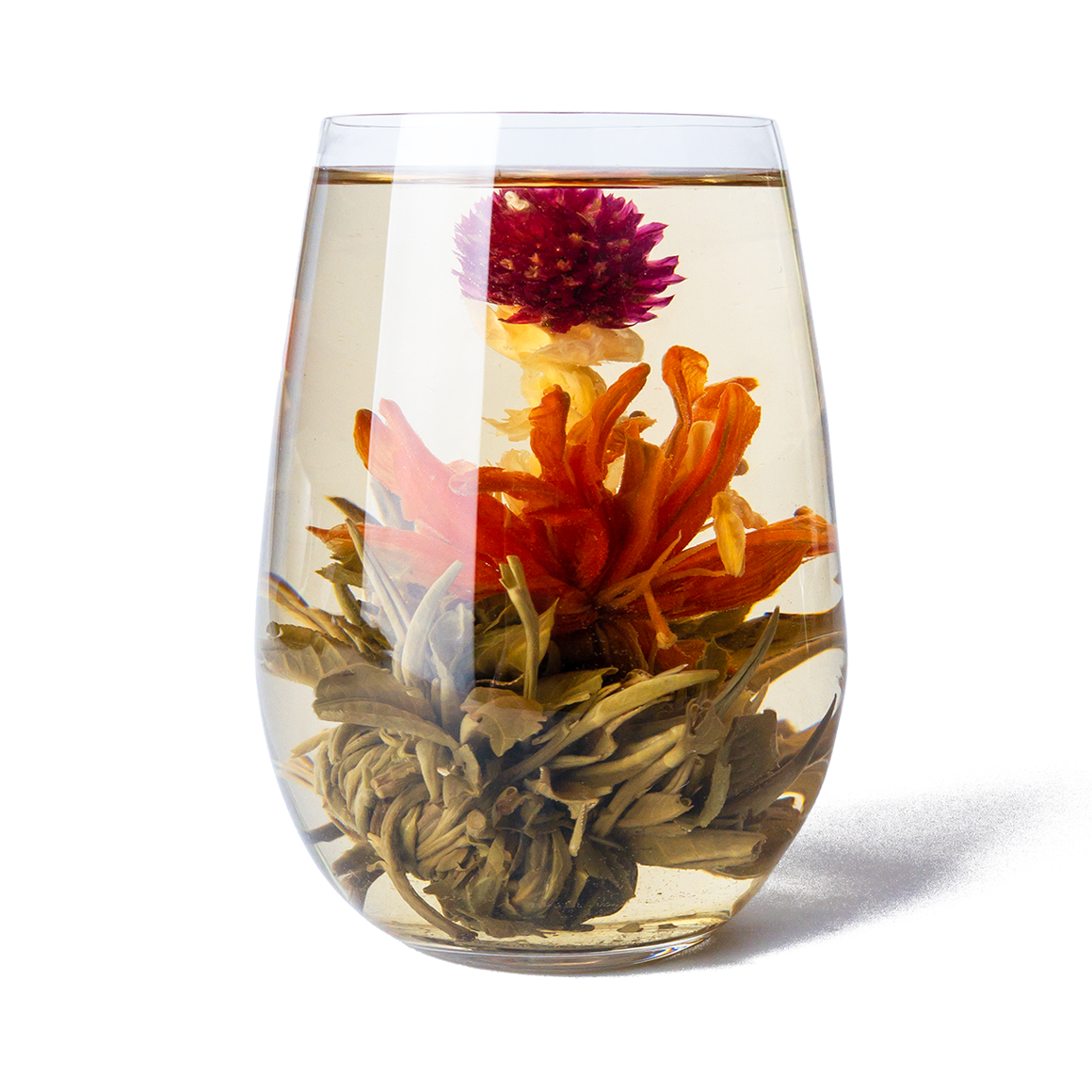 PekoeTea Edinburgh Divine Lily blooming tea in a glass, showcasing a delicate, flowering tea infusing with vibrant lily blossoms.