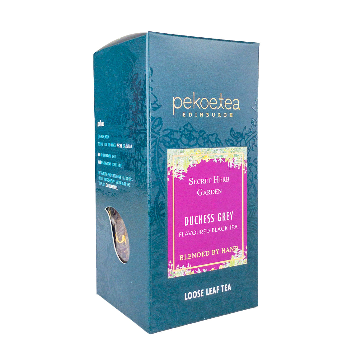 Box of PekoeTea Edinburgh Duchess Grey tea with elegant packaging, featuring a grey-themed design and tea branding.