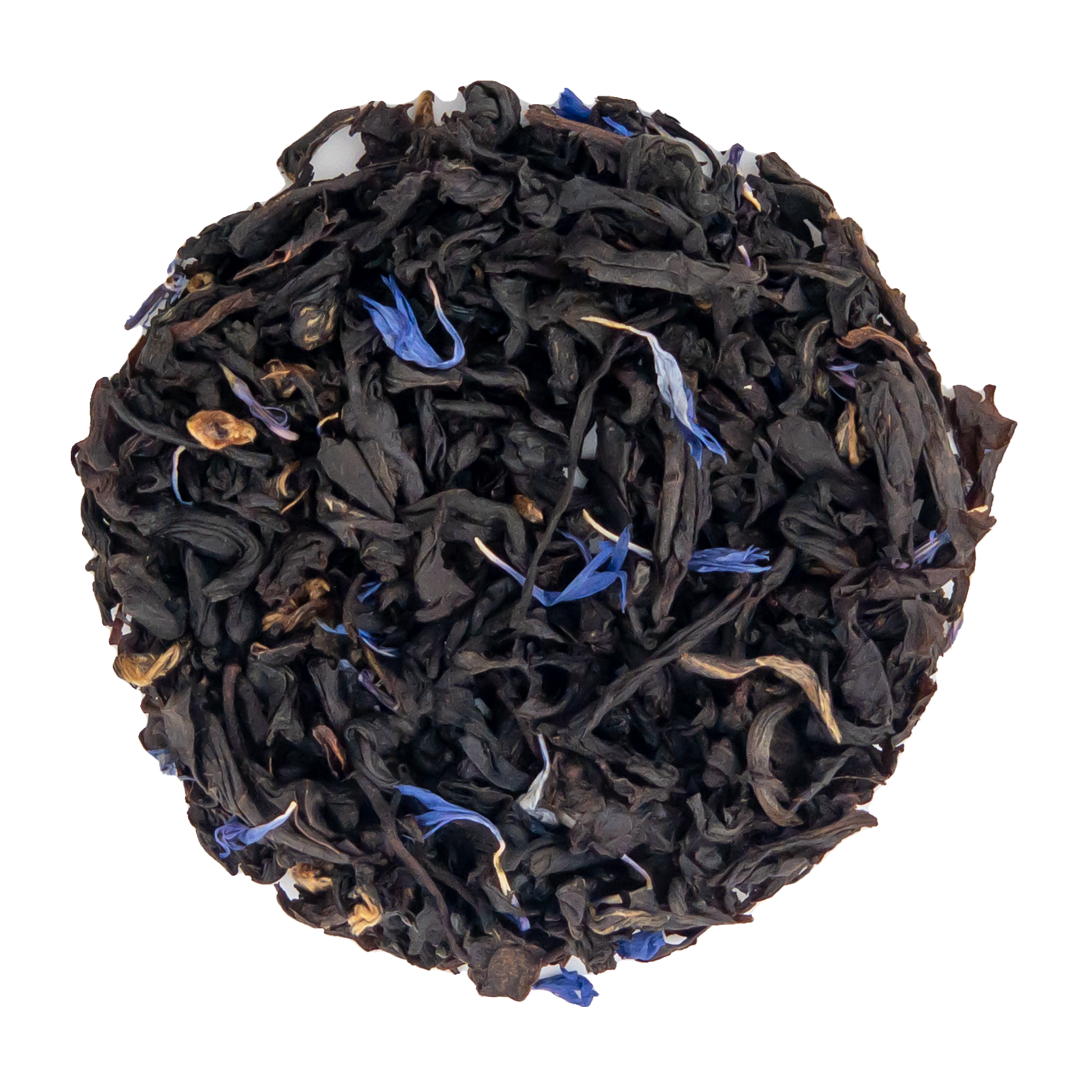 Loose leaf Earl Grey Blue Flower Tea by PekoeTea Edinburgh, featuring dark tea leaves with blue cornflower petals.