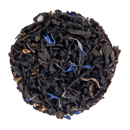 Loose leaf Earl Grey Blue Flower Tea by PekoeTea Edinburgh, featuring dark tea leaves with blue cornflower petals.