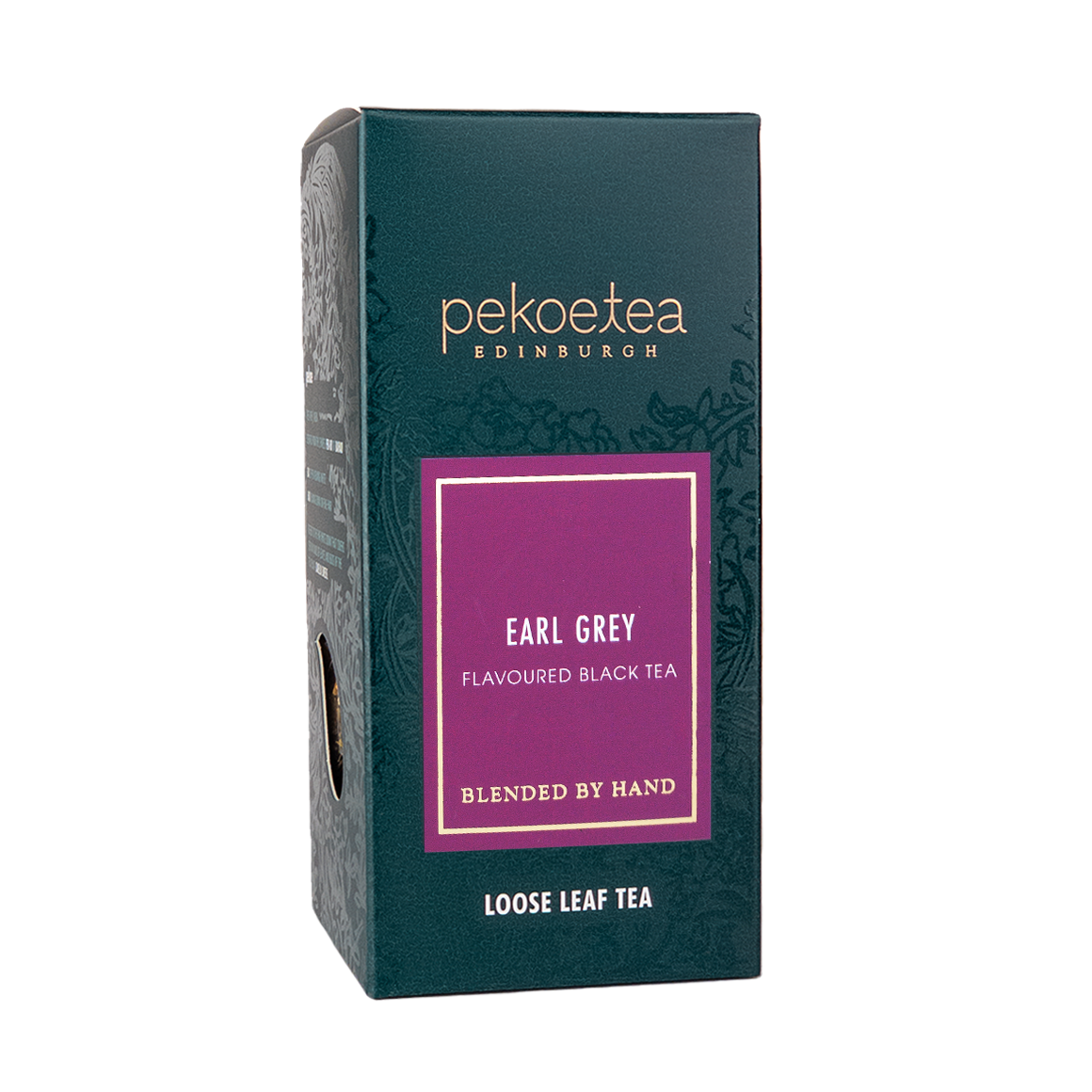 Loose leaf Earl Grey Blue Flower Tea from PekoeTea Edinburgh in a decorative box, showcasing blue flowers and fragrant tea leaves.