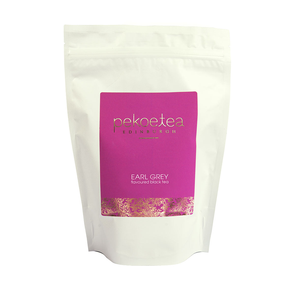 PekoeTea Edinburgh Earl Grey Blue Flower Tea in a resealable pouch, featuring aromatic tea leaves with blue cornflower petals.