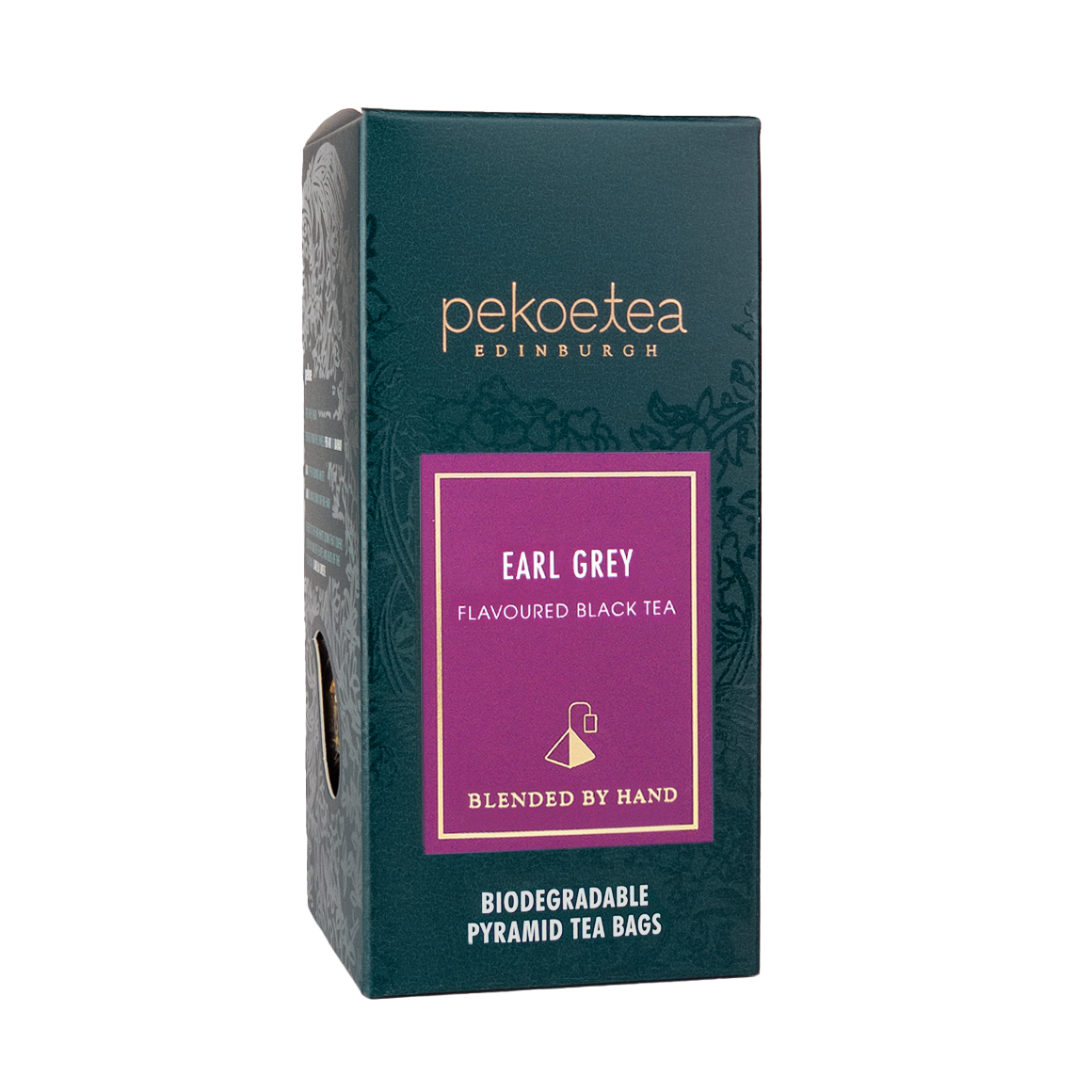 Box of PekoeTea Edinburgh Earl Grey Blue Flower Tea bags with elegant packaging and floral design.