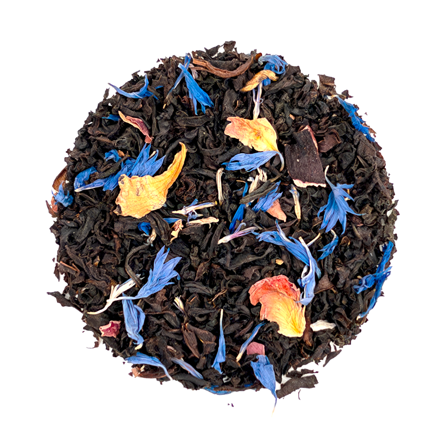 PekoeTea Edinburgh French Earl Grey tea leaves in a clear container showing dark, fragrant tea leaves with hints of bergamot.