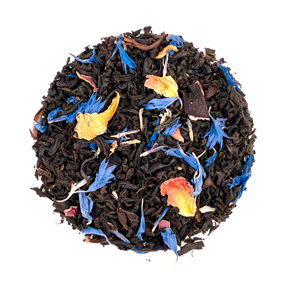 PekoeTea Edinburgh French Earl Grey tea leaves in a clear container showing dark, fragrant tea leaves with hints of bergamot.