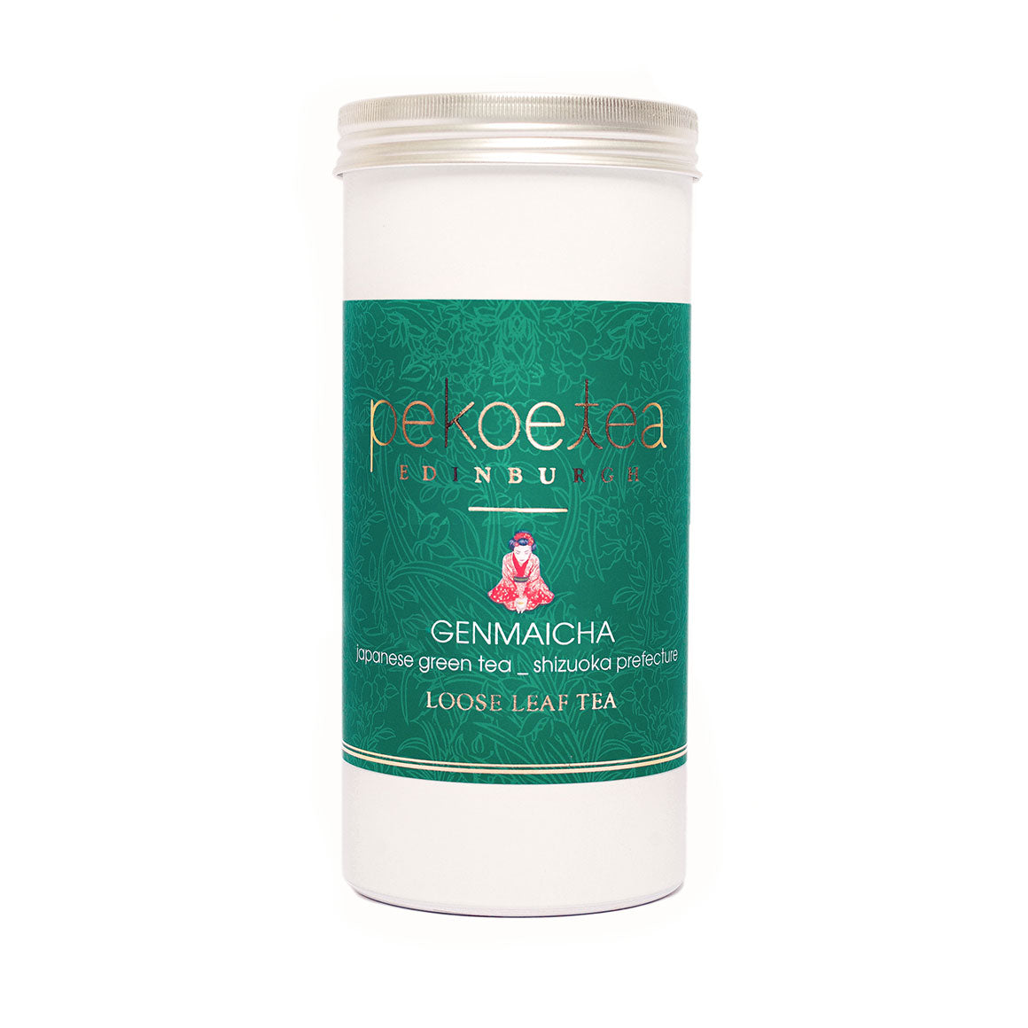 Japanese Genmaicha green tea caddy by PekoeTea Edinburgh, featuring toasted rice and green tea leaves in a decorative container.