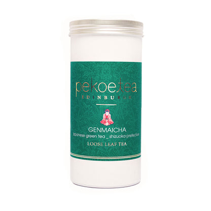 Japanese Genmaicha green tea caddy by PekoeTea Edinburgh, featuring toasted rice and green tea leaves in a decorative container.