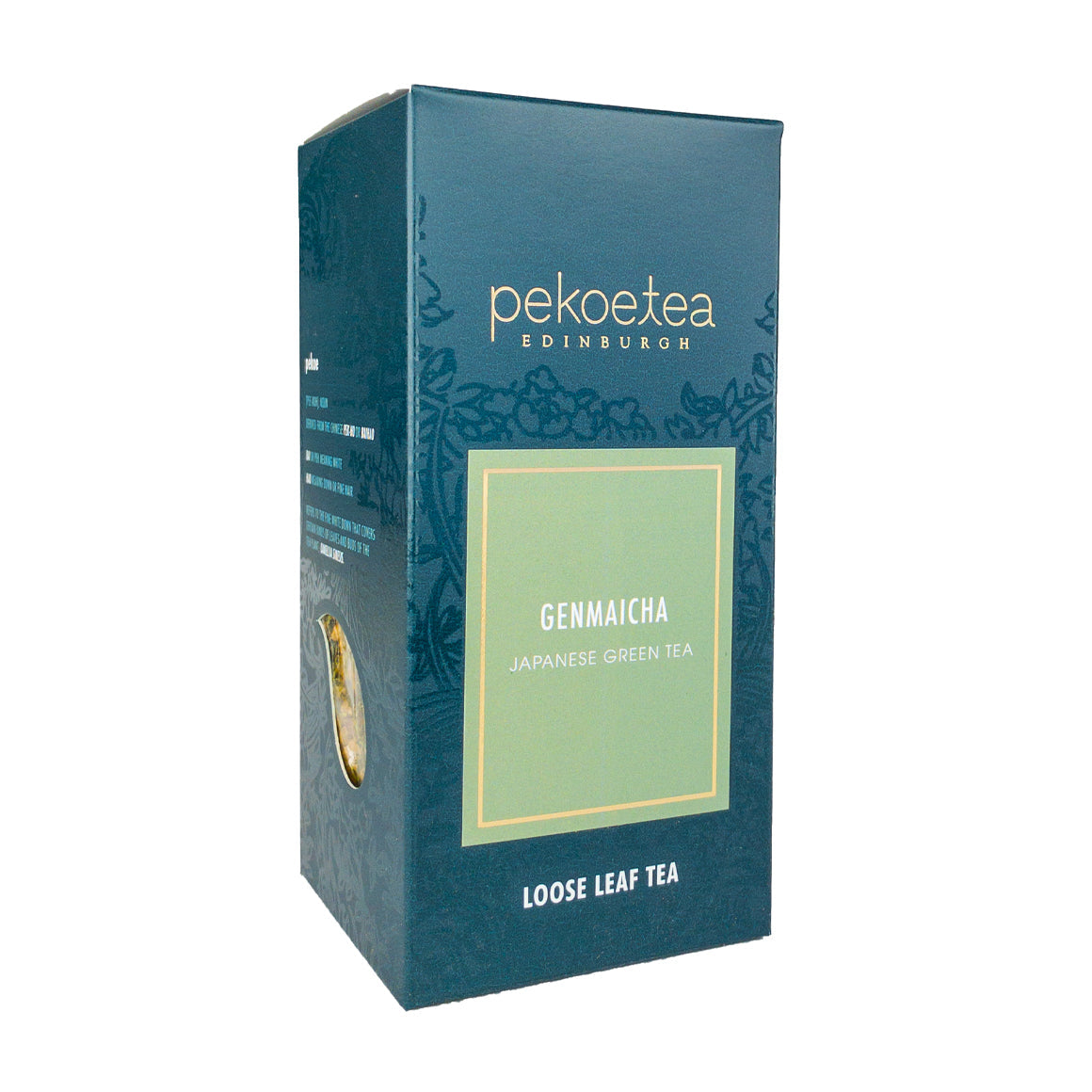 Box of PekoeTea Edinburgh Genmaicha green tea with roasted rice and green tea leaves in a decorative packaging.