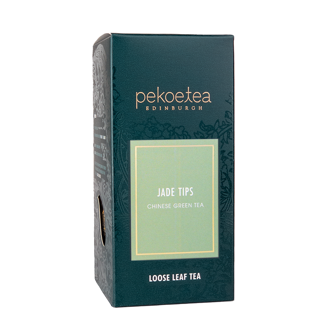 Loose leaf Xin Yang Mao Jian green tea with jade-tipped leaves in a PekoeTea Edinburgh box, showcasing fresh, high-quality tea leaves.