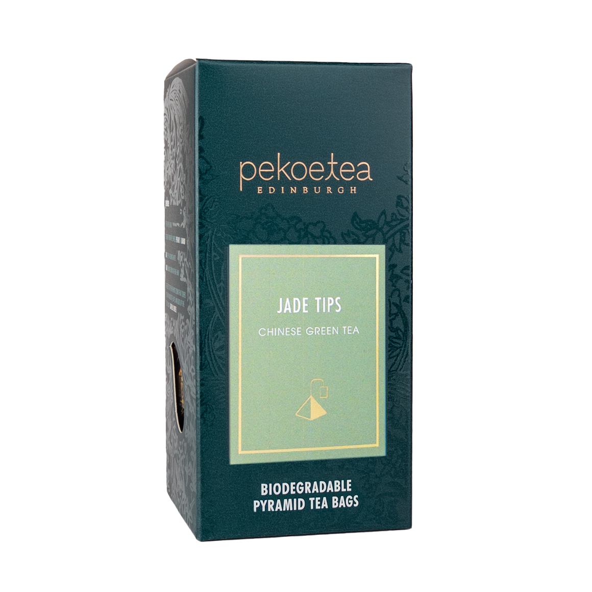 Box of PekoeTea Edinburgh Xin Yang Mao Jian Jade Tips green tea teabags with fresh green tea leaves inside.