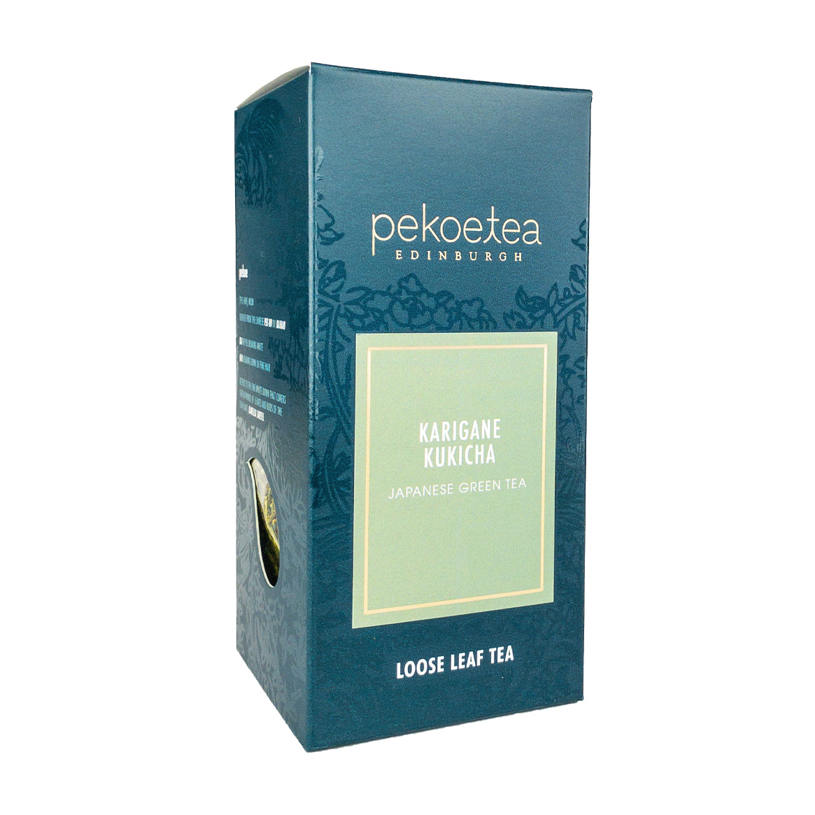 Box of PekoeTea Edinburgh Karigane Kukicha green tea, featuring dried twig tea leaves in a decorative tea box.