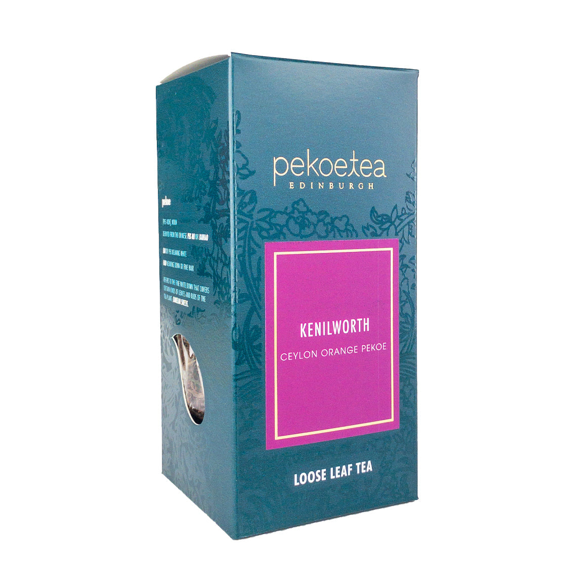 Box of PekoeTea Edinburgh Kenilworth Ceylon Orange Pekoe tea, featuring a colorful packaging design.